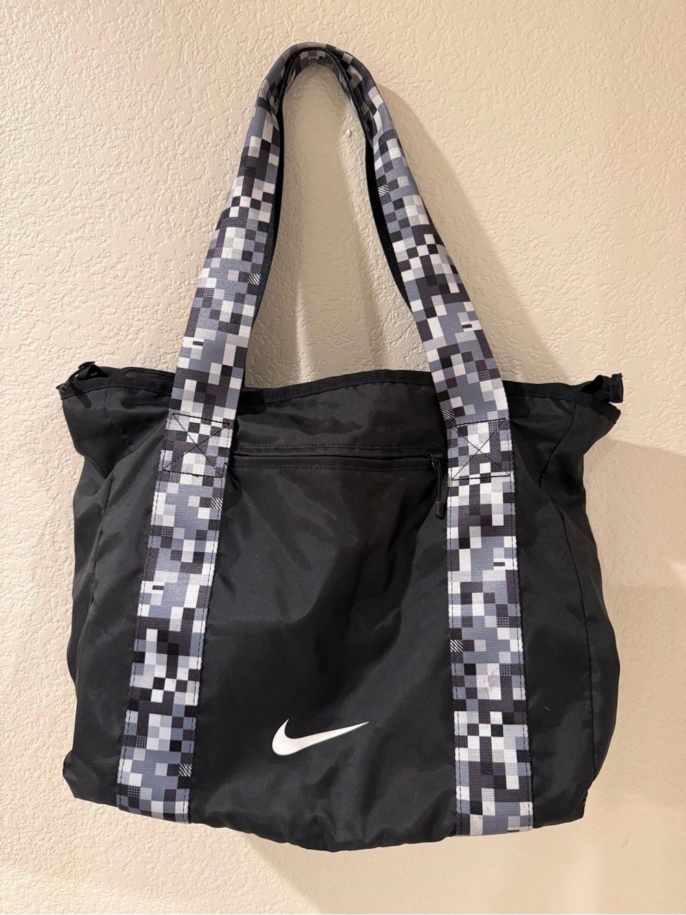 Nike Black Duffel Tote with Gray Pixel-Pattern Straps